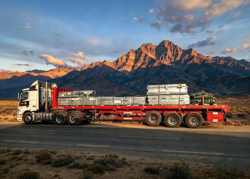 Camión plataforma cargado frente a la cordillera